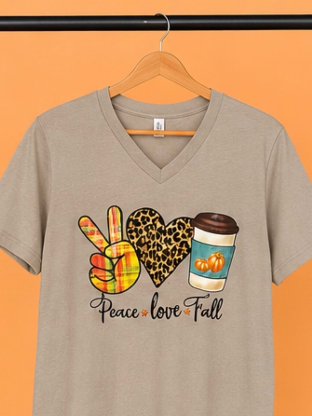 Bella Canvas Taupe V-Neck Peace Love Fall Women’s DTF Graphic Tee size LARGE